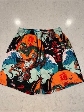 RSN BRD Reason Men's 2XL Dragon Tiger Waves Print Sweat Shorts Pockets Elastic